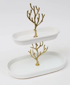 Inspire Me! Home Decor White Ceramic Two Tier Cake Stand With Gold Textured Details " From Pops Of Color Home Collection"