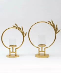 Inspire Me! Home Decor Golden Circle Leaf Design Hurricane Candle Holder (2 Sizes) " From Pops Of Color Home Collection"