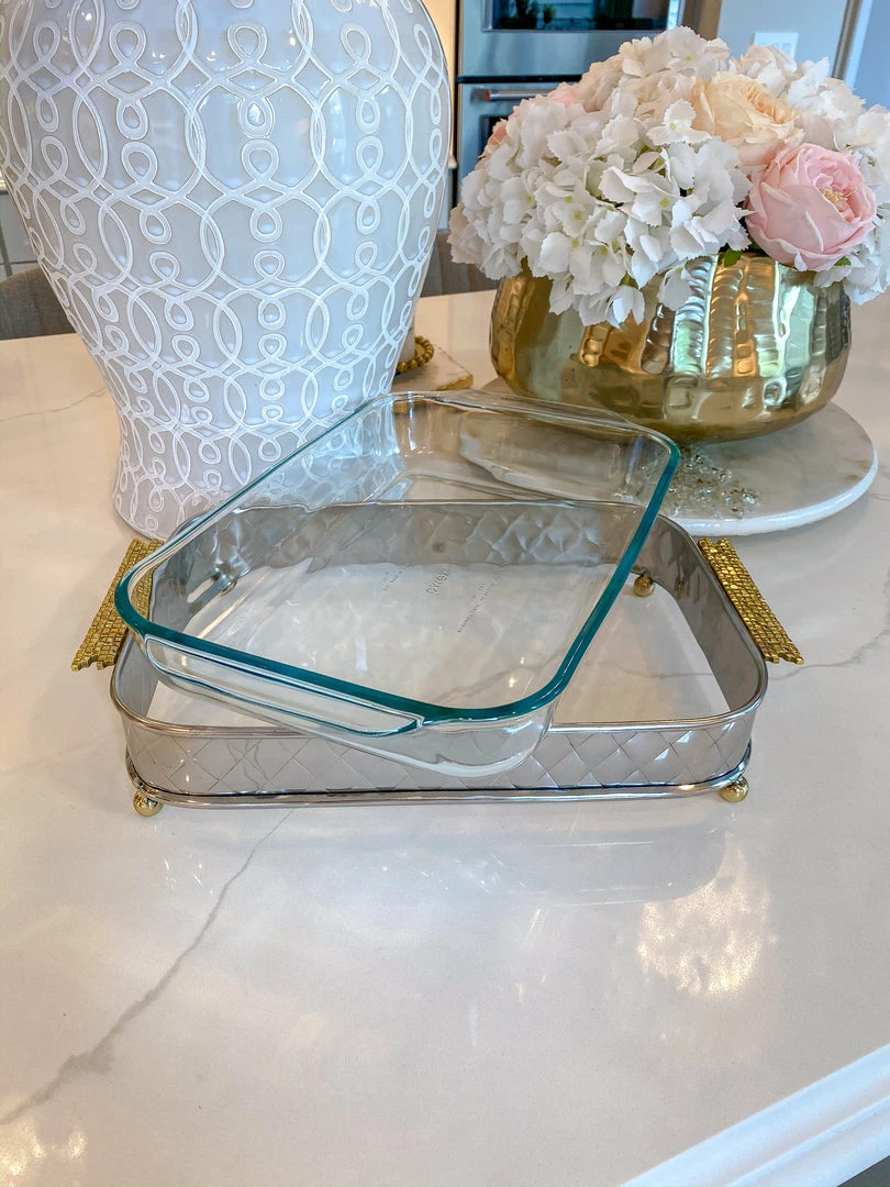 Inspire Me! Home Decor Silver Pyrex Holder With Gold Mosaic Handles And Pyrex 5 Inspire Me! Home Decor Silver Pyrex Holder With Gold Mosaic Handles And Pyrex