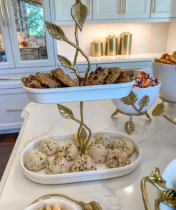 Inspire Me! Home Decor White Ceramic Two Tier Cake Stand With Gold Leaf Details