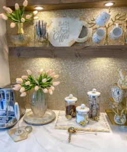 Inspire Me! Home Decor Gold Or Silver Metal Floral Glass Canisters With Marble Lid-With Metal Rim (3 Sizes) (2 Colors)