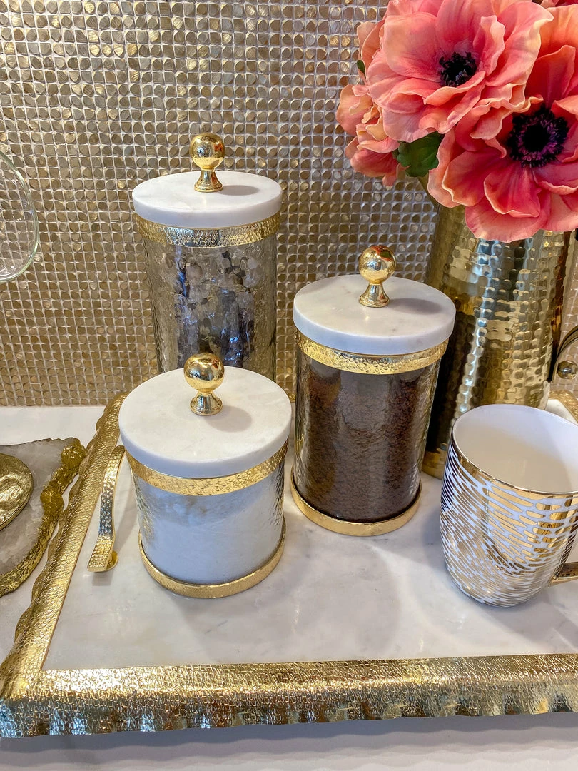 Inspire Me! Home Decor Gold Textured Rim Canisters W/ Marble Lid (3 Sizes) 8 Inspire Me! Home Decor Gold Textured Rim Canisters W/ Marble Lid (3 Sizes)