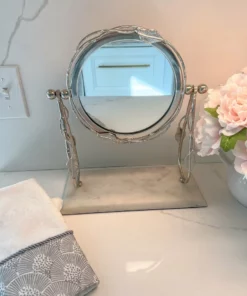 Inspire Me! Home Decor Round Table Mirror With Leaf Design Border And Marble Base (2 Colors) Gold