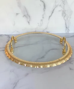 Inspire Me! Home Decor Large Round Glass Tray With Gold Handles And Ruffled Edge