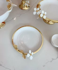 Inspire Me! Home Decor Gold And White Porcelain Plate With White Jeweled Flower Details