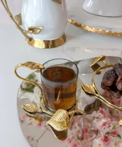 Inspire Me! Home Decor Silver Metal Oval Tray With Glass Mug & Cake Dome And Gold Leaf Details