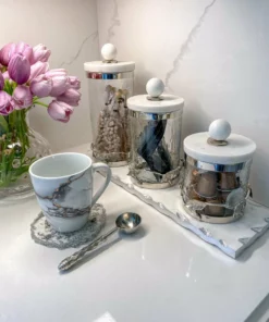 Inspire Me! Home Decor Gold Or Silver Metal Leaf Branch W/ Marble Ball Lid Canisters- With Metal Rim (3 Sizes & 2 Colors)