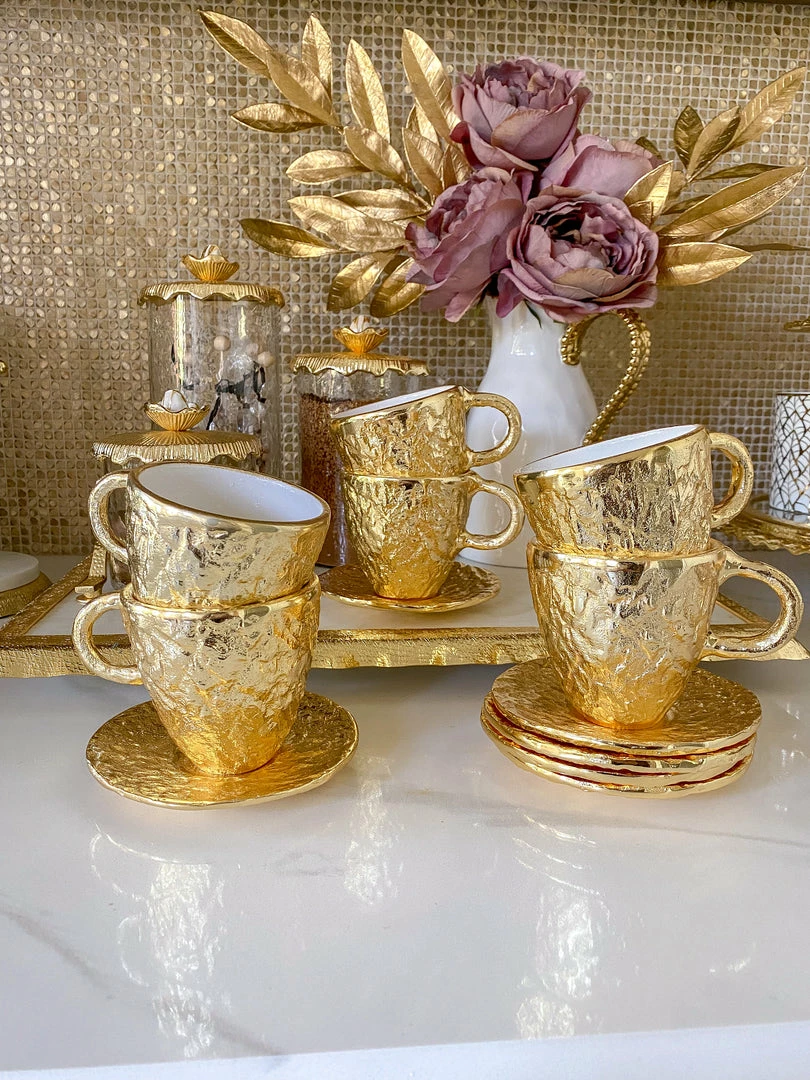 Inspire Me! Home Decor Gold Textured Metal Tea Cup And Saucer With White Interior 3 Inspire Me! Home Decor Gold Textured Metal Tea Cup And Saucer With White Interior