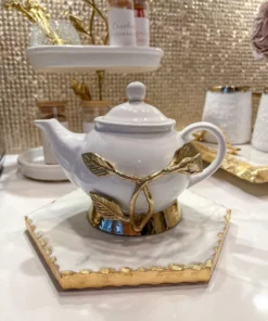 Inspire Me! Home Decor White And Gold Ceramic Tea Pot With Gold Leaf Design
