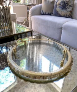 Inspire Me! Home Decor Large Round Glass Tray With Gold Handles And Ruffled Edge