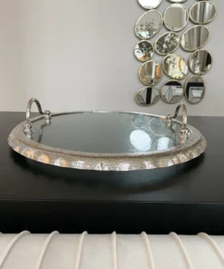 Inspire Me! Home Decor Large Round Glass Tray With Silver Handles And Ruffled Edge