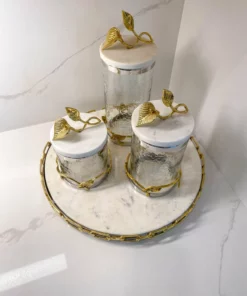 Inspire Me! Home Decor Marble And Gold Metal Leaf Branch Canisters- With Metal Rim (3 Sizes)