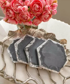 Inspire Me! Home Decor Charcoal Grey Marble Hexagon Coasters W/ Silver Edge