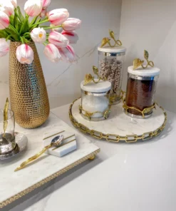 Inspire Me! Home Decor Marble And Gold Metal Leaf Branch Canisters- With Metal Rim (3 Sizes)