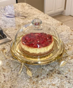 Inspire Me! Home Decor Gold Leaf Detailed Cake Plate W/ Textured Glass Dome