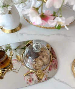 Inspire Me! Home Decor Silver Metal Oval Tray With Glass Mug & Cake Dome And Gold Leaf Details