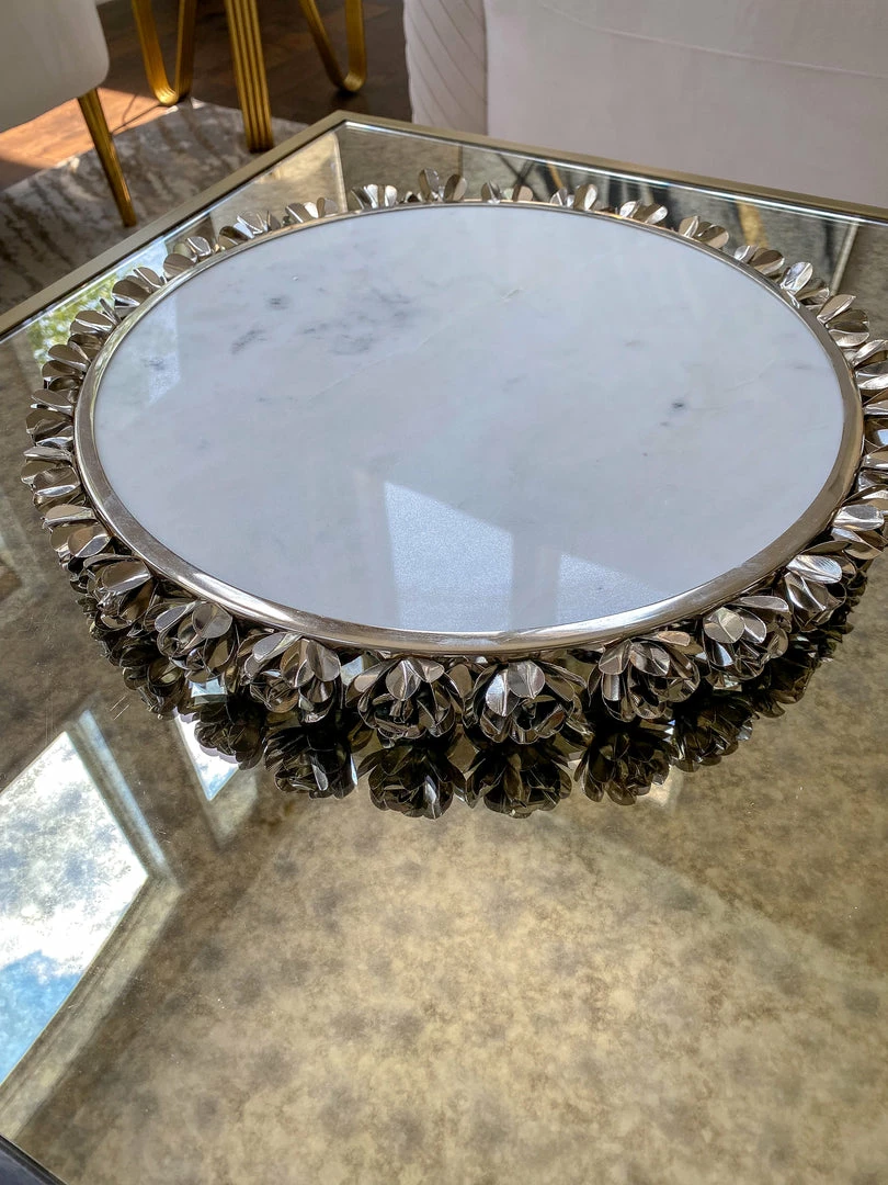 Inspire Me! Home Decor Round Marble Tray With Silver Floral Edge 4 Inspire Me! Home Decor Round Marble Tray With Silver Floral Edge