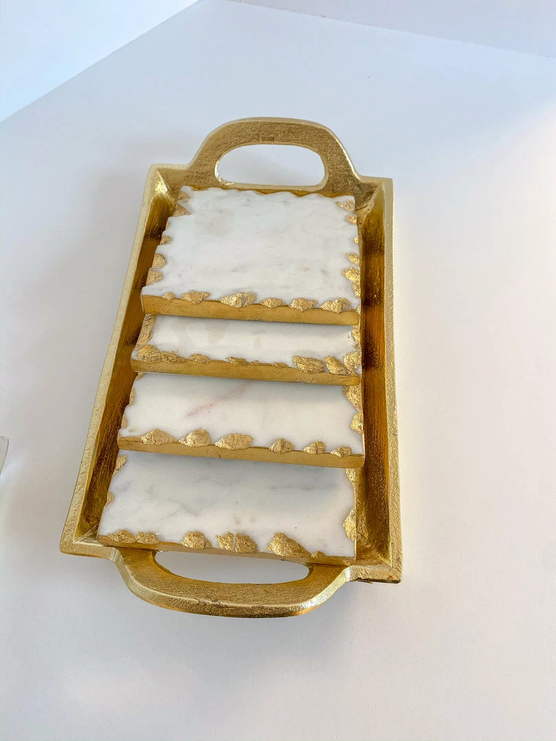 Inspire Me! Home Decor Marble Coasters W/ Gold Trim And Tray Set 5 Inspire Me! Home Decor Marble Coasters W/ Gold Trim And Tray Set