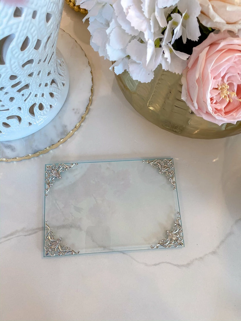 Inspire Me! Home Decor Glass Tray W/ Silver Corner Details And Swarovski Crystals 4 Inspire Me! Home Decor Glass Tray W/ Silver Corner Details And Swarovski Crystals