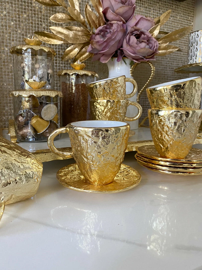 Inspire Me! Home Decor Gold Textured Metal Tea Cup And Saucer With White Interior 7 Inspire Me! Home Decor Gold Textured Metal Tea Cup And Saucer With White Interior