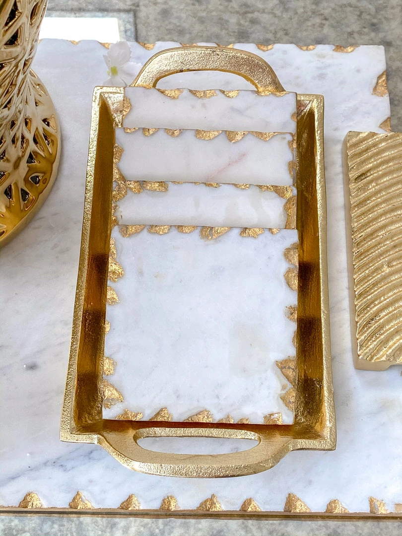 Inspire Me! Home Decor Marble Coasters W/ Gold Trim And Tray Set 7 Inspire Me! Home Decor Marble Coasters W/ Gold Trim And Tray Set