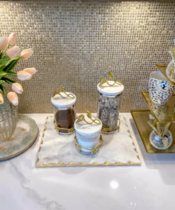 Inspire Me! Home Decor Marble And Gold Metal Leaf Branch Canisters- With Metal Rim (3 Sizes)