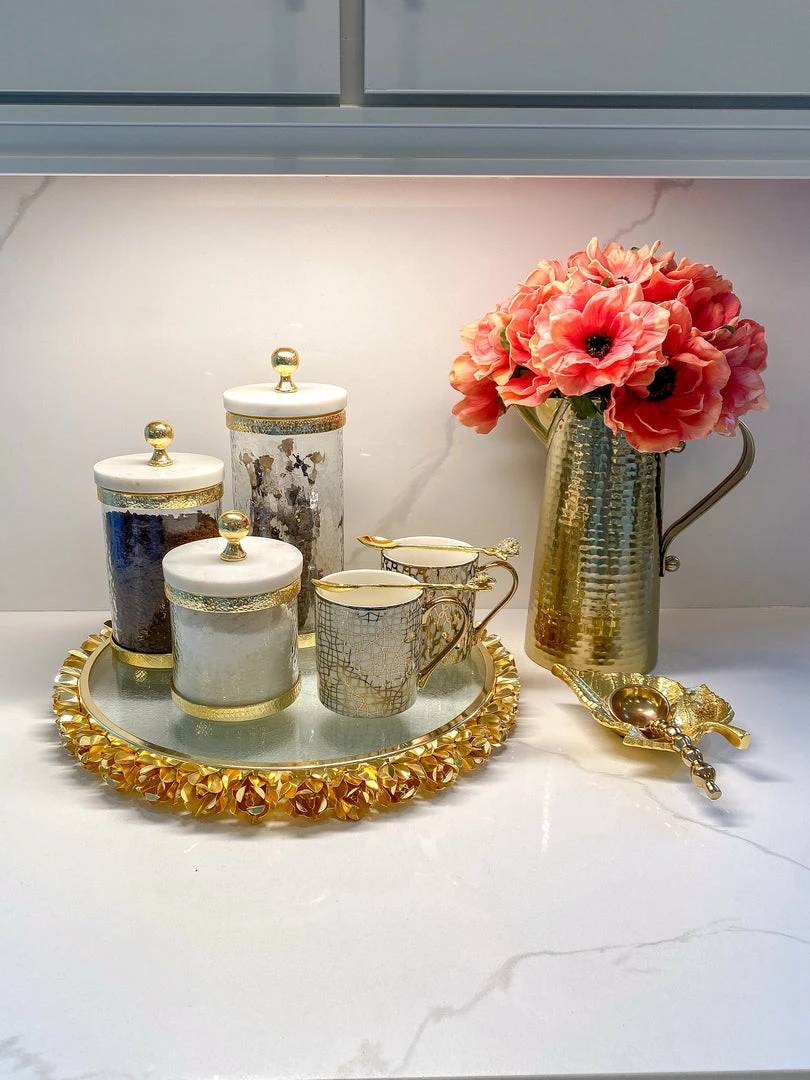 Inspire Me! Home Decor Gold Textured Rim Canisters W/ Marble Lid (3 Sizes) 9 Inspire Me! Home Decor Gold Textured Rim Canisters W/ Marble Lid (3 Sizes)