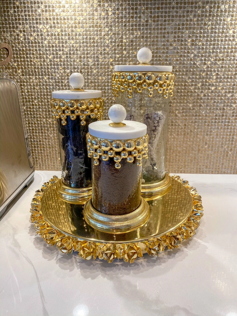 Inspire Me! Home Decor Gold Beaded Canisters W/ Marble Lid (3 Sizes) 3 Inspire Me! Home Decor Gold Beaded Canisters W/ Marble Lid (3 Sizes)
