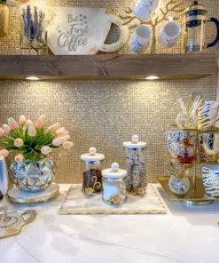 Inspire Me! Home Decor Gold Or Silver Metal Floral Glass Canisters With Marble Lid-With Metal Rim (3 Sizes) (2 Colors)