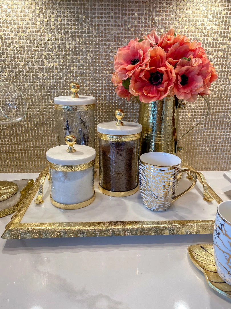 Inspire Me! Home Decor Gold Textured Rim Canisters W/ Marble Lid (3 Sizes) 3 Inspire Me! Home Decor Gold Textured Rim Canisters W/ Marble Lid (3 Sizes)