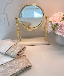 Inspire Me! Home Decor Round Table Mirror With Leaf Design Border And Marble Base (2 Colors) Gold