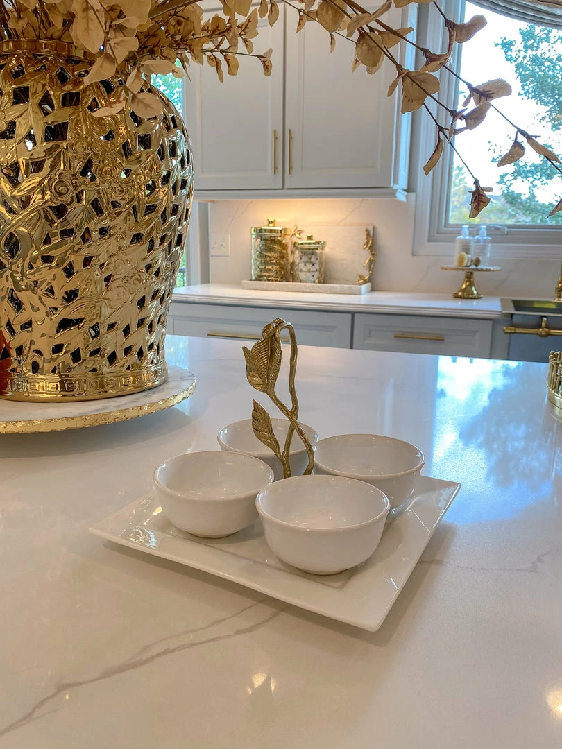 Inspire Me! Home Decor White Ceramic Serving Tray With 4 Bowls And Gold Leaf 4 Inspire Me! Home Decor White Ceramic Serving Tray With 4 Bowls And Gold Leaf
