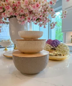 Inspire Me! Home Decor Set Of 3 Ceramic Bowls With 2 Wood Lids