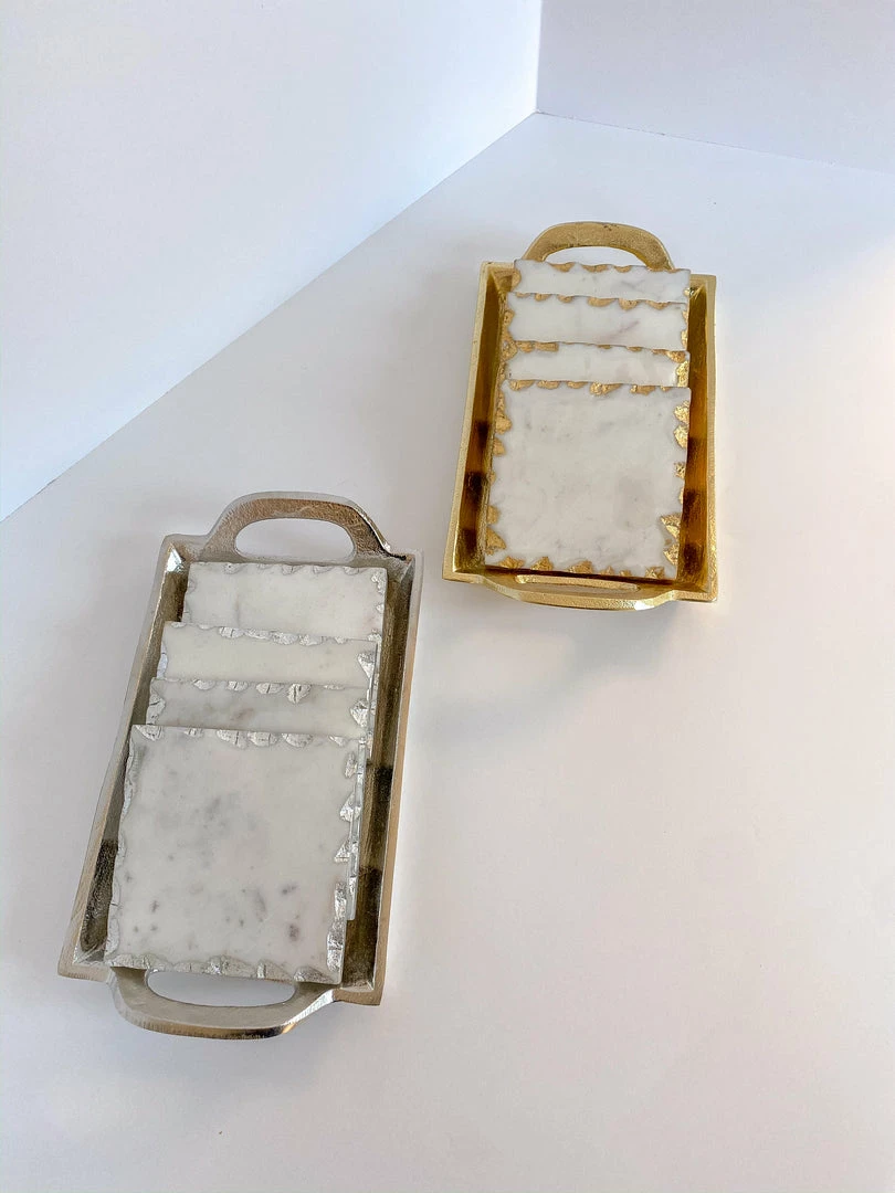 Inspire Me! Home Decor Marble Coasters W/ Gold Trim And Tray Set 4 Inspire Me! Home Decor Marble Coasters W/ Gold Trim And Tray Set