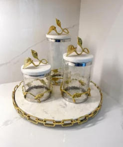 Inspire Me! Home Decor Marble And Gold Metal Leaf Branch Canisters- With Metal Rim (3 Sizes)