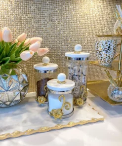 Inspire Me! Home Decor Gold Or Silver Metal Floral Glass Canisters With Marble Lid-With Metal Rim (3 Sizes) (2 Colors)