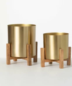 Inspire Me! Home Decor Gold Planters On Wood Stand (2 Sizes)